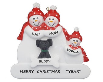 Family of 3 Personalized Christmas Ornament With Black Dog-Personalized Family of 3 with Tan, Black or White Dog - Personalized Free for You
