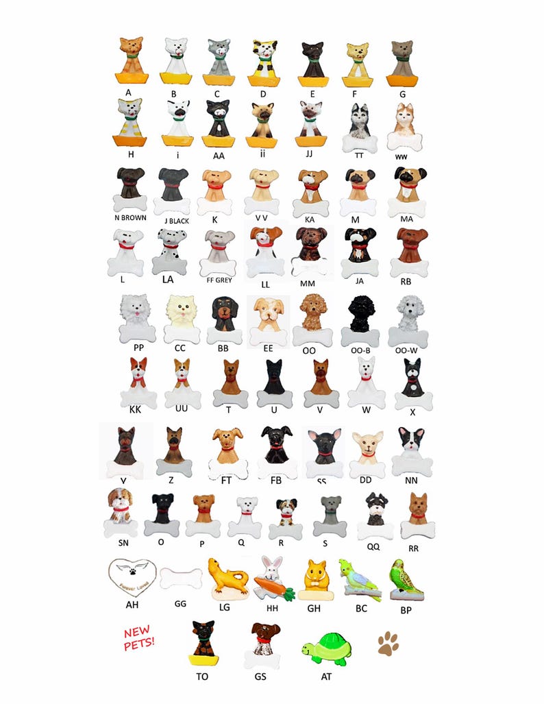 May include: A chart with a bone-shaped frame and a variety of animal figurines, including cats, dogs, a turtle, a rabbit, a lizard, and a bird. The chart is labeled with letters and numbers, and the text "NEW PETS!" is visible in the center.