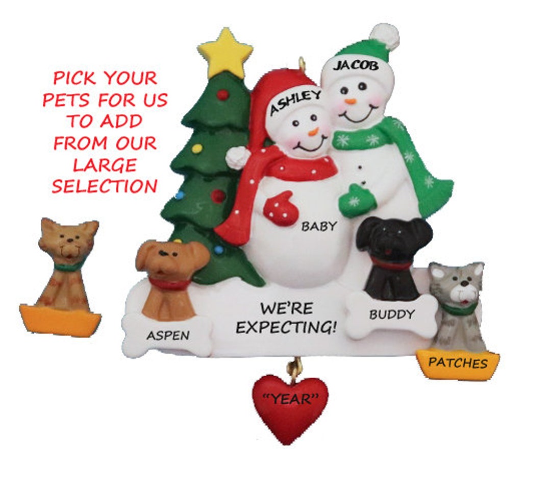 Expecting Snow Couple Personalized Ornament With 3 Dogs or Cats Added ...