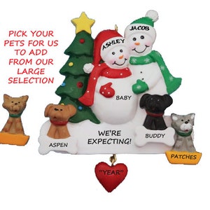 Expecting Snow Couple Personalized Ornament with 3 Dogs or Cats Added - Expecting Snow Couple with Custom Dogs or Cats Added