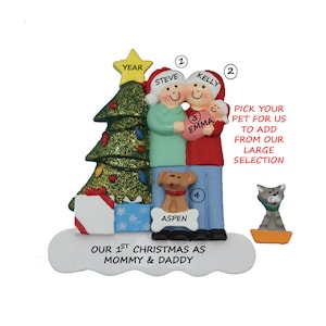 Couple with New Baby and A Dog or Cat Personalized Ornament- Family of 3 Ornament with New Baby Girl Or Boy Christmas Ornament