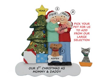 Couple with New Baby and A Dog or Cat Personalized Ornament- Family of 3 Ornament with New Baby Girl Or Boy Christmas Ornament