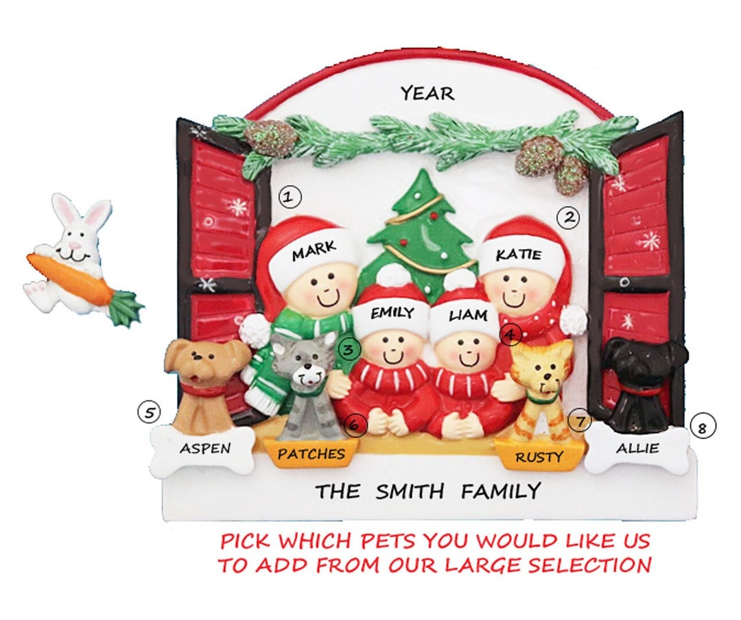 Personalized Family of 4 Looking in Window Ornament With 4 Pets ...