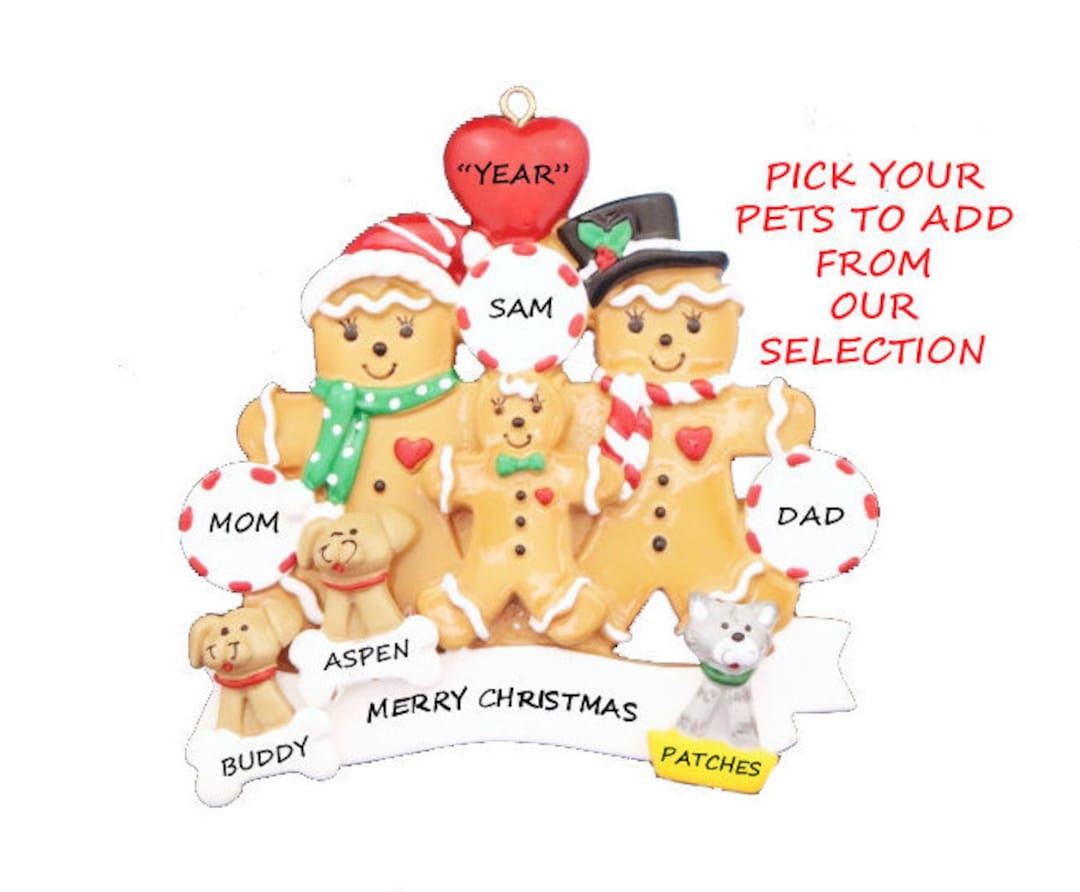 Personalized Gingerbread Family of 3 Ornament With 3 Custom Dogs or ...