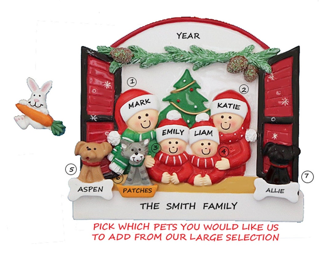 Personalized Family of 4 Looking Out Window Ornament With 3 Dogs, Cats ...