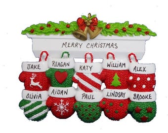 10 Mittens Personalized Mantel Ornament - Family of 10 Personalized Christmas Ornament - Grandparents Personalized Ornament for 10 Names