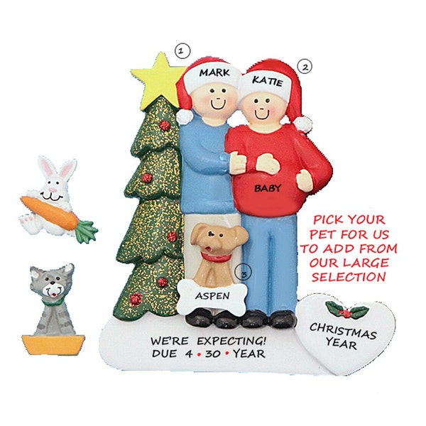 Expecting Couple Ornament with Dog or Cat Added - Expecting Couple Personalized Ornament with Pet Added - Pregnant Couple Ornament