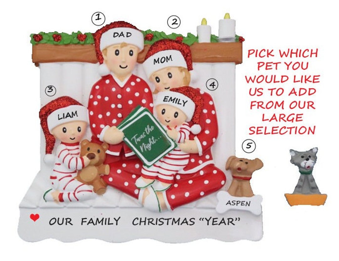 Personalized Family 4 Snuggled in Bed Reading With Dog or Cat Christmas ...
