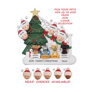 Family 4 Bannister Celebrating Christmas Personalized Christmas Ornament with 4 Dogs, Cats or Bunnies Added -Bi-Racial, Ethnic, Ornament
