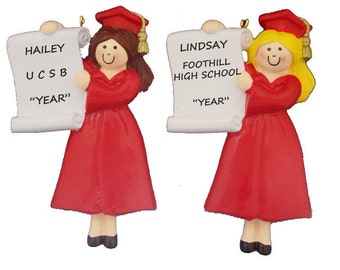 Graduation Female Personalized Christmas Ornament Red Gown - Graduate Girl Christmas Ornament - College or High School Graduation Ornament