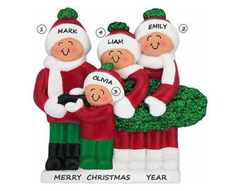 Family of 4 Celebrating Christmas Personalized Ornament - Family of Four Celebrating Christmas and Buying a Tree