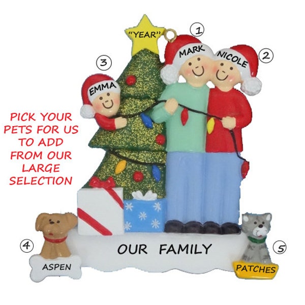 Family of 3 Personalized Ornament with 2 Dogs or Cats Added Decorating Tree - Family of Three Personalized Ornament with Dog or Cat Added