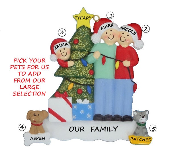 Family of 3 with 2 dogs ornament hotsell