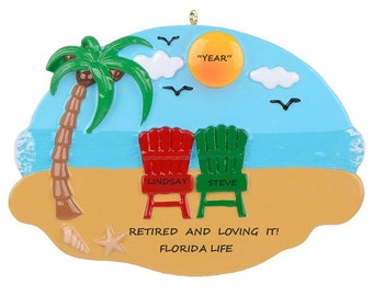 Personalized Beach Life Retirement Couple Ornament Personalized Christmas Ornament - 2 Chairs in the Sand Ornament