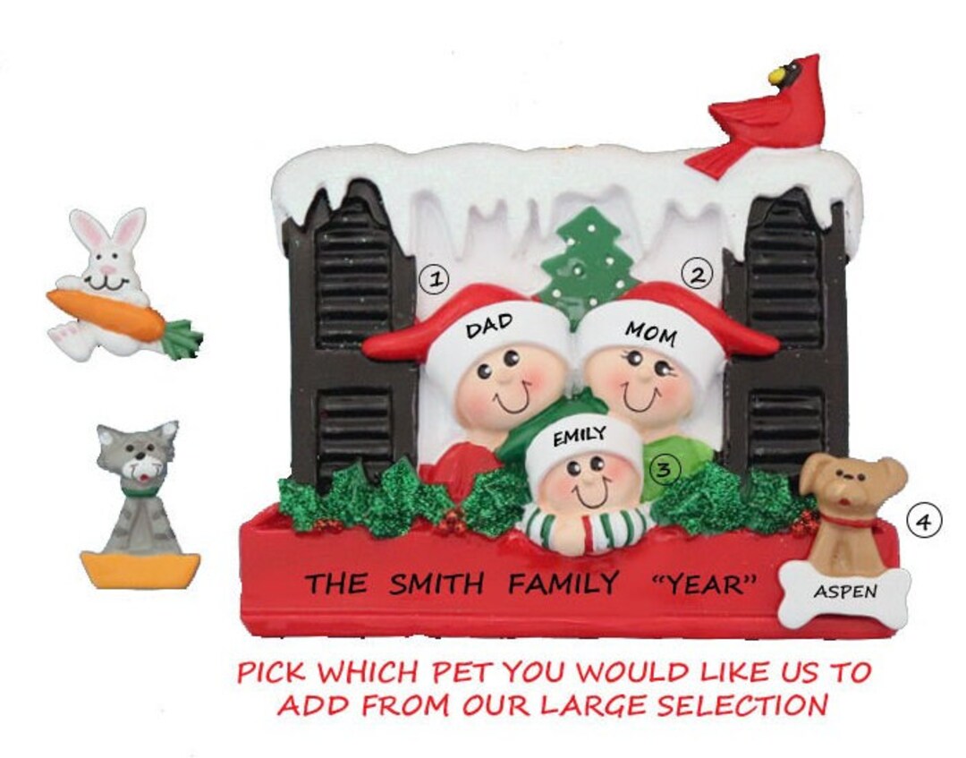 Personalized Family of 3 Looking Out Window Ornament With Dog or Cat ...