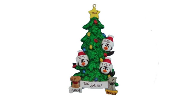 family of 3 with 2 dogs ornament