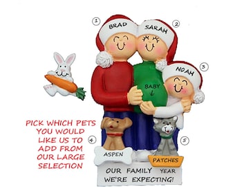 Personalized Ornament Expecting Baby Family of 3 with 2 Custom Dogs or Cats - Soon a Family of 4 Expecting Snow Family Ornament with Pets