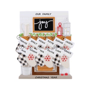 Modern Family of 12 Stocking Fireplace Personalized Ornament