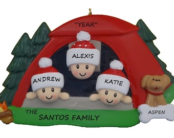 Personalized Family 3 Camping Christmas Ornament With Dog - Family 3 Camping Vacation Ornament-Family 3 Ornament Loves Tent Camping With Dog