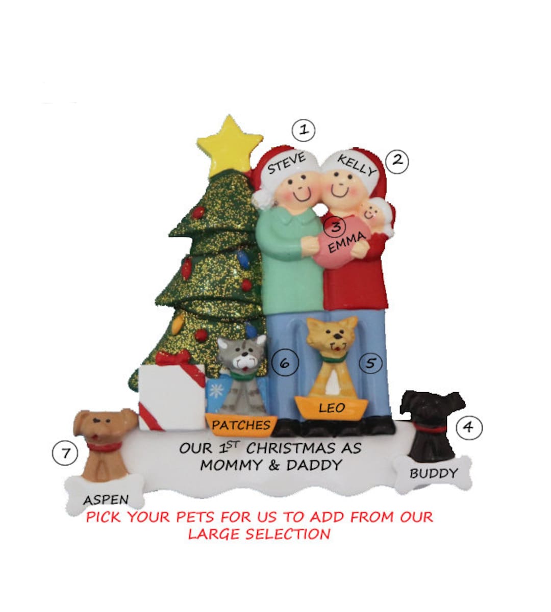 Couple With New Baby and 4 Dogs or Cats Personalized Ornament- Family ...