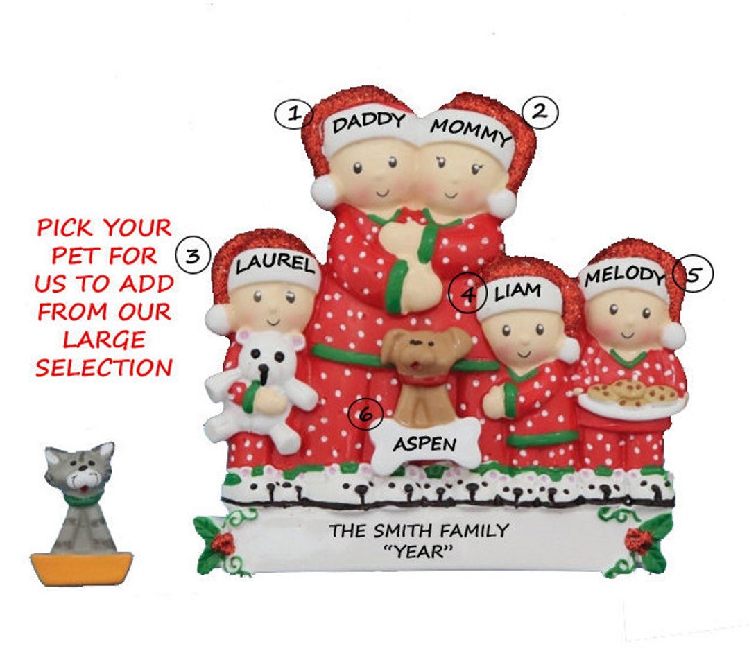 Personalized Family of 5 Ornament With Custom Dog, Cat or Bunny Added ...