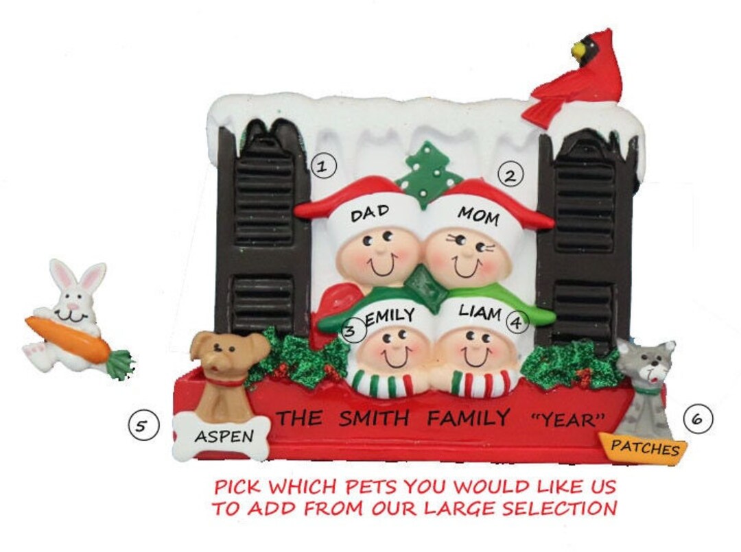 Personalized Family of 4 in Window Ornament With 2 Dogs or Cats Added ...