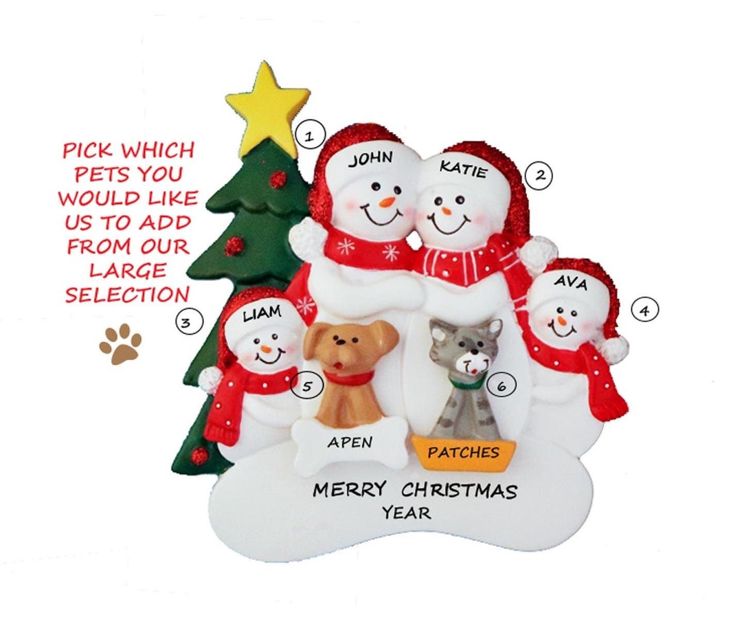 Personalized Snow Family of 4 Ornament With 2 Pets - Snow Family of 4 ...