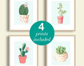 Cactus Illustration Printable SET OF 4 | Instant Download | Cactus Wall Art | Succulent Home Decor | Instant Download | 8x10