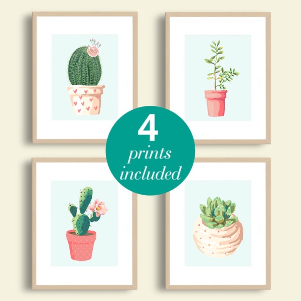 Cactus Illustration Printable SET OF 4 | Instant Download | Cactus Wall Art | Succulent Home Decor | Instant Download | 8x10