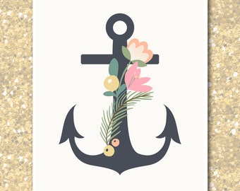Anchor Art Print | Feminine Floral Flowers Printable | Botanical Nautical Wall Art | Anchor Home Decor | Girly Preppy | Instant Download