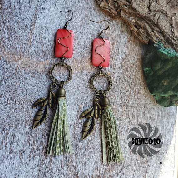 Mother of Pearl, Bronze Leaf Earrings with Embossed Leather Tassels