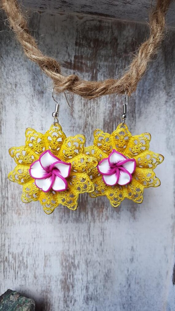 Yellow Filigree & Pink Polymer Flower Earrings