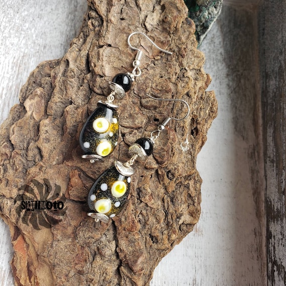 Black and Yellow Lampwork Glass Bead & Black Agate Earrings