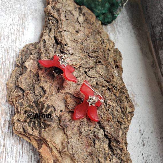 Red Acrylic Floral Wire Wrapped Earrings with Black Agate