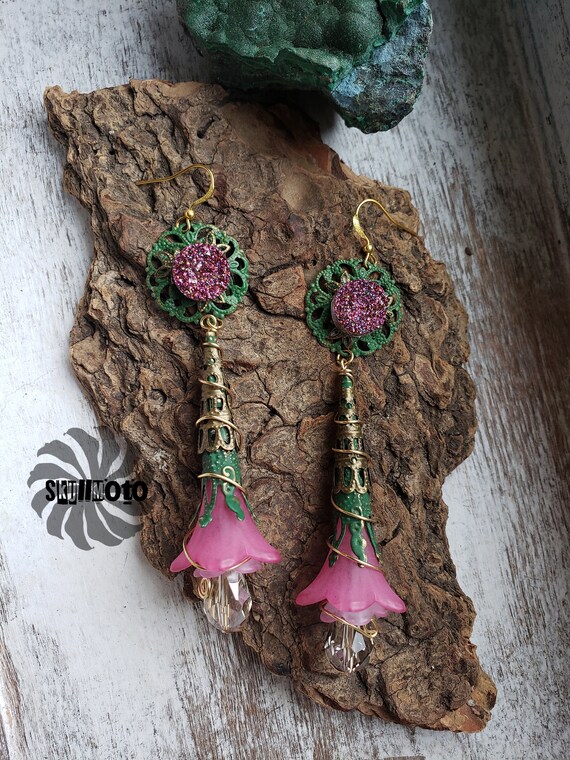 Spring Bouquet Green & Bronze Filigree Patina Enhanced Earrings
