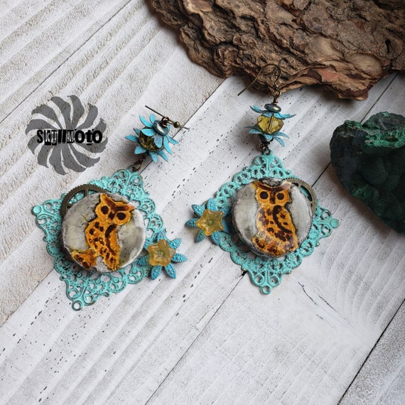 Enhanced Filigree and Owl Steampunk Earrings with Crystals