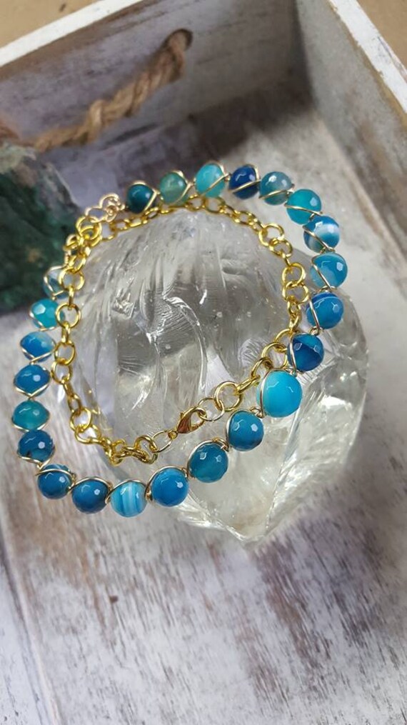 Wire Wrapped Blue Banded Agate Bracelet or Necklace