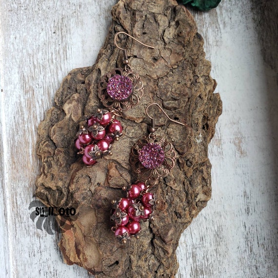 Druzy, Filigree & Glass Pearl Cluster Earrings