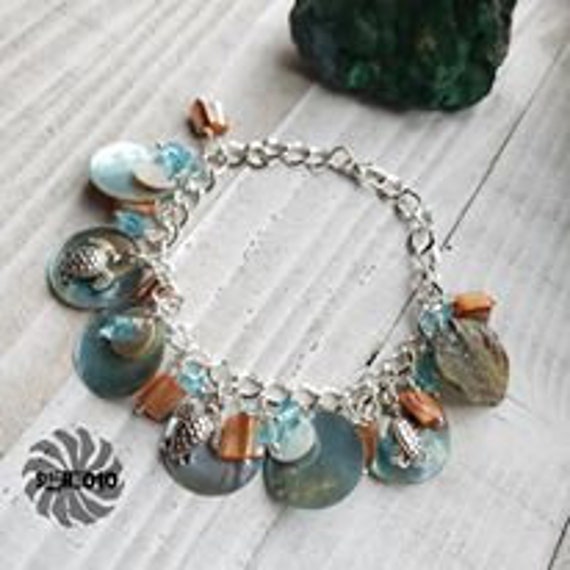 Mother of Pearl Disc, Crystal & Turtle Charm Bracelet