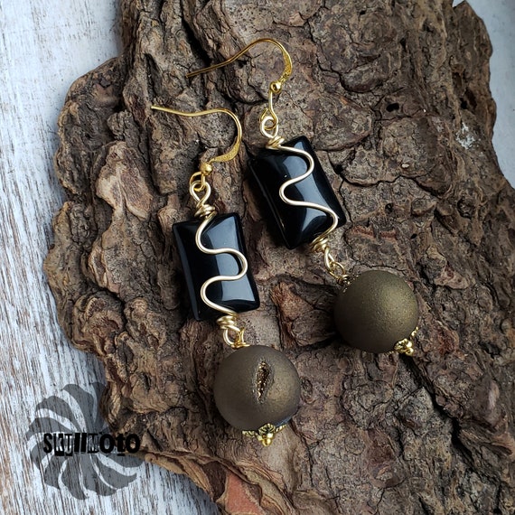 Black Agate & Gold Druzy Wire Wrapped Earrings
