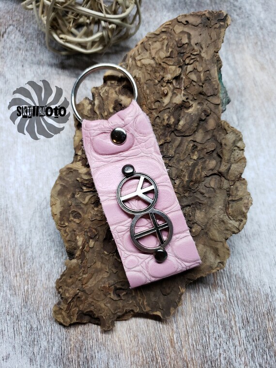 Pink Croco Leather Keychain with Peace and Cross, Key Fob