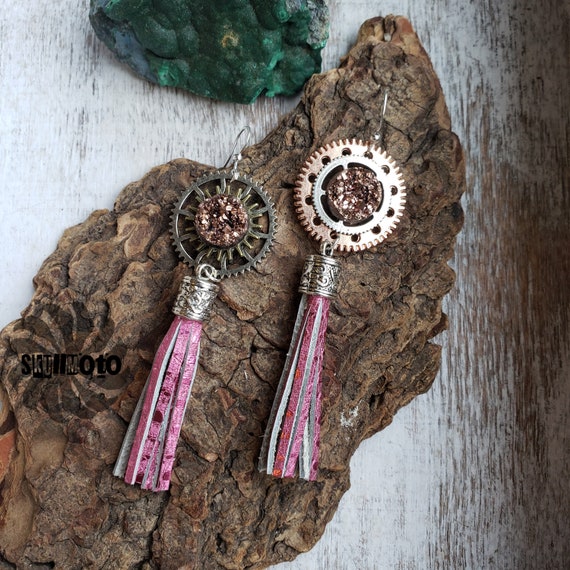 Hot Pink Steampunk Cogs/Gear & Leather Tassel Earrings