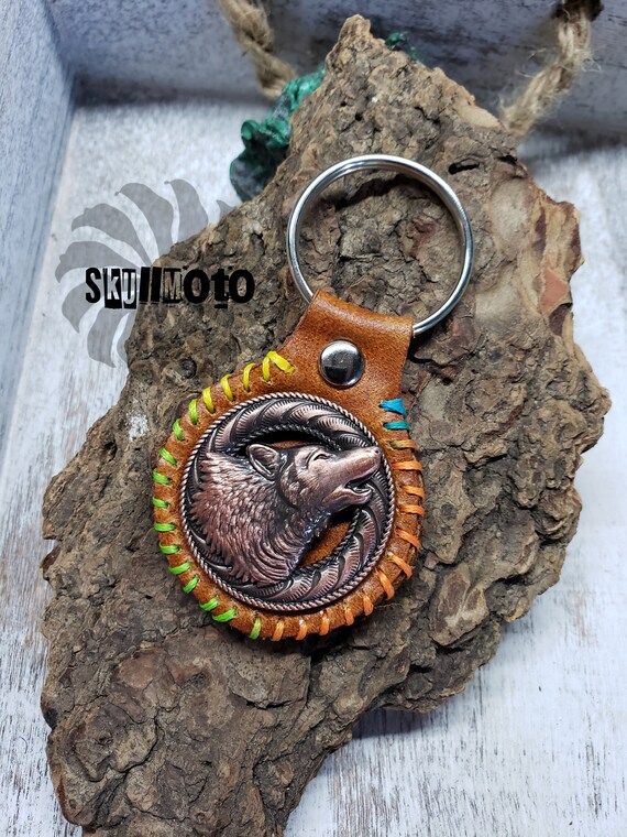 Wolf Cognac Leather Keychain, Key Fob