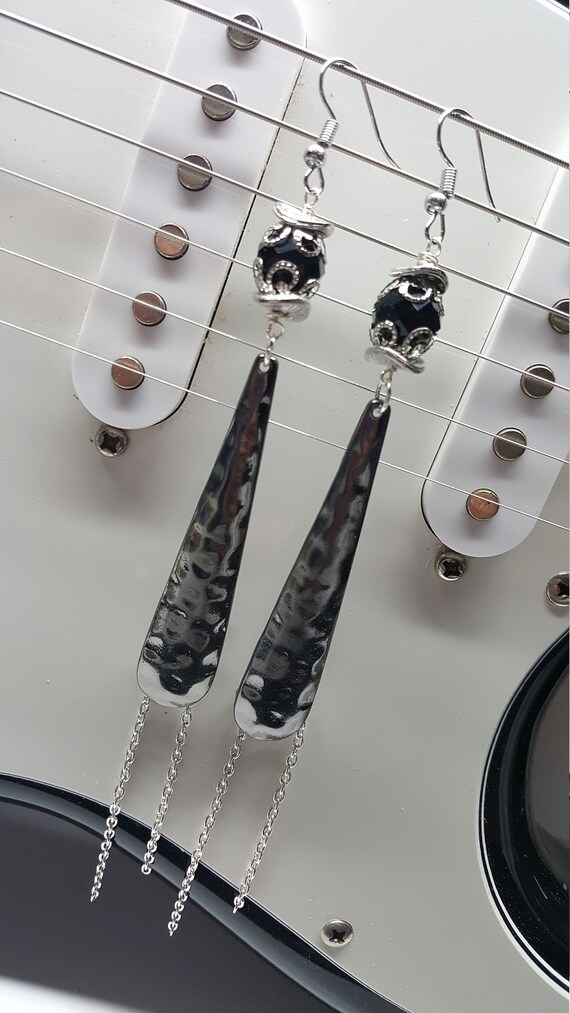 Gunmetal Black Textured Earrings with Chain