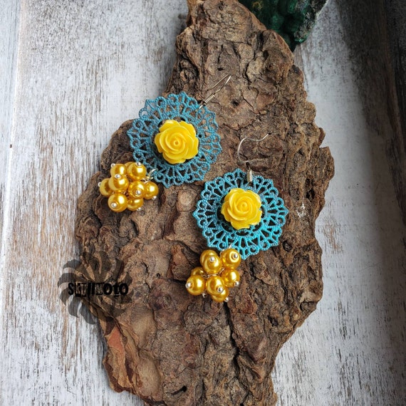 Yellow Floral & Filigree Cluster Earrings