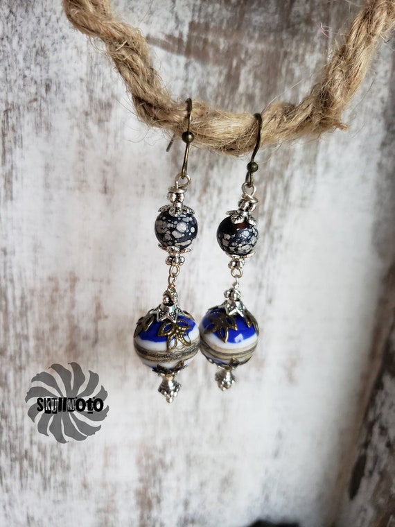 Bronze & Cobalt Blue Lampwork Glass Earrings