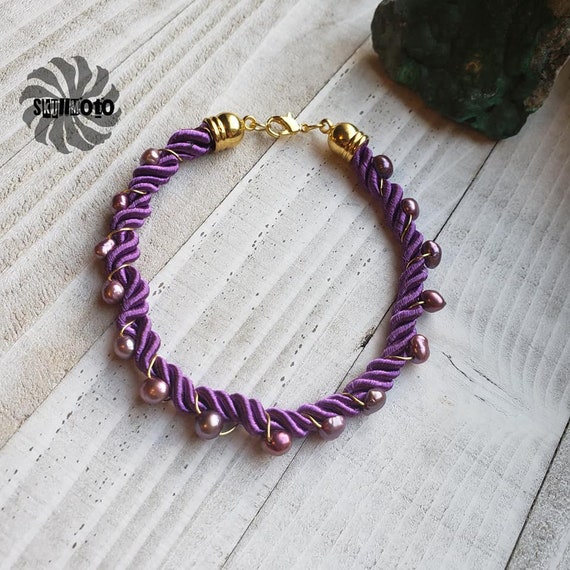 Purple Freshwater Pearl Wire Wrapped Silk Cord Bracelet