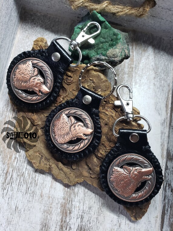Wolf and Guitar Pick Holder Black Leather Keychain, Key Fob