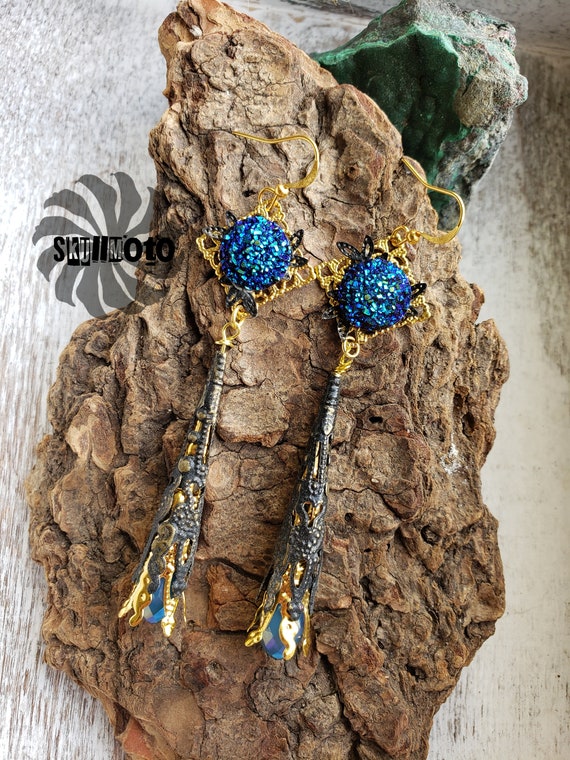 Blooming Columbine Black & Bronze Filigree Patina Enhanced Earrings