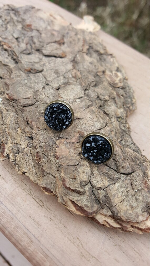 Black Druzy Bronze Post Earrings